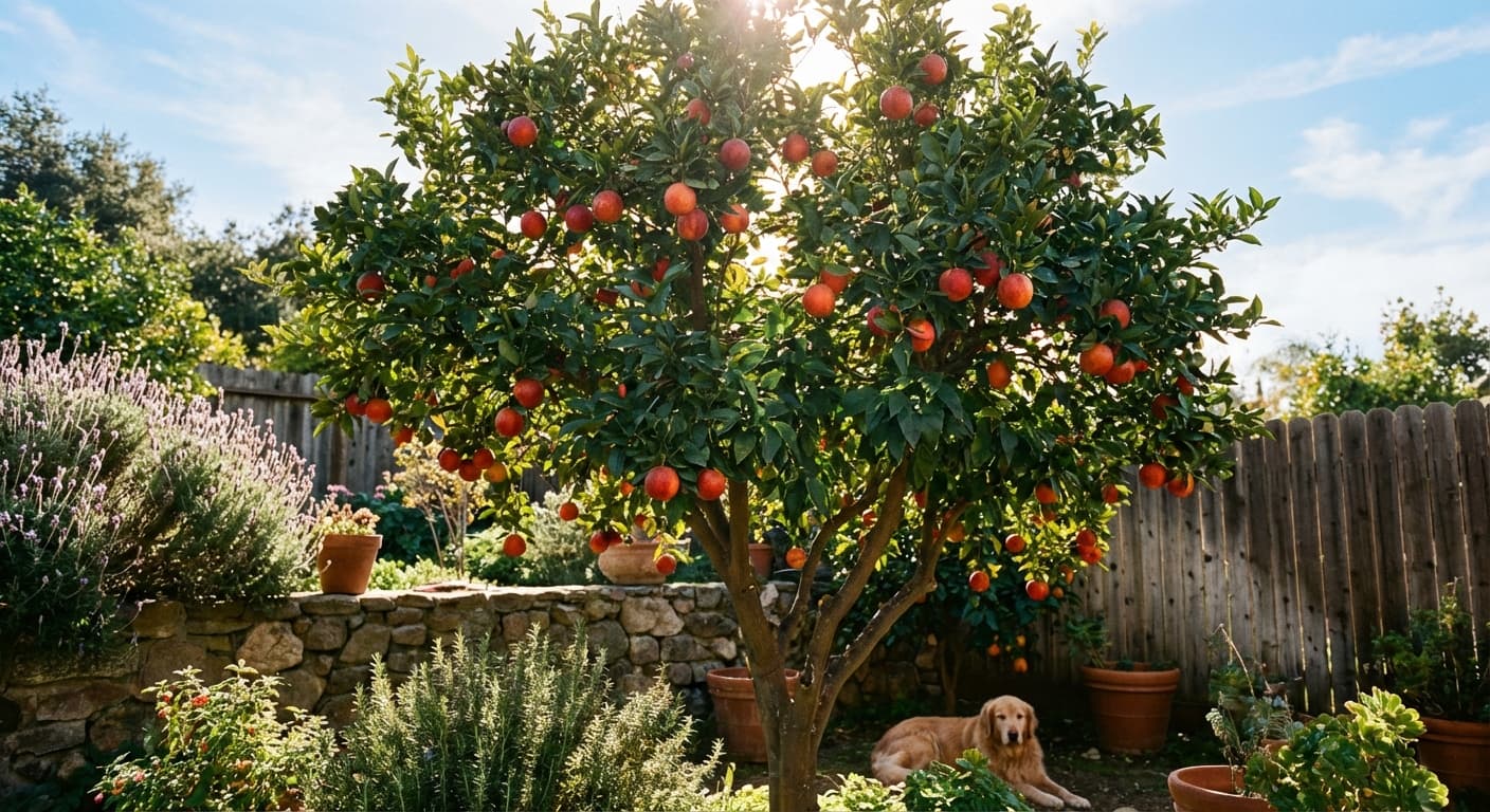 A Tarocco blood orange tree beginning to bear fruit